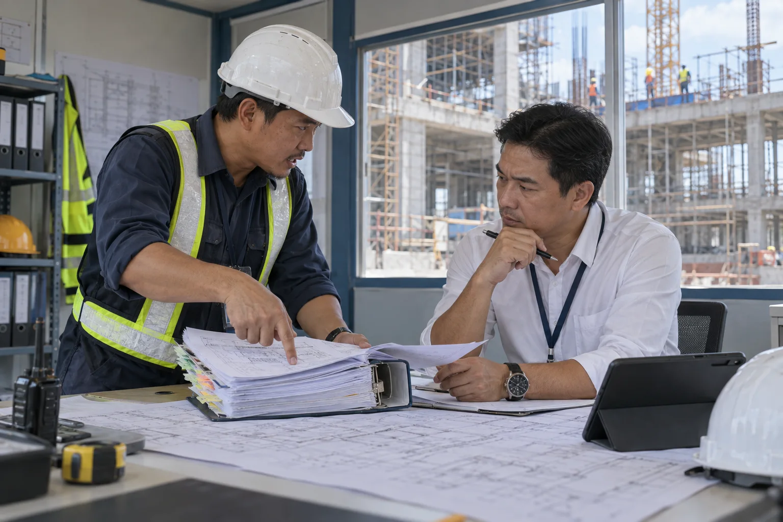 ภาพจำลองผู้จัดการโครงการกับผู้รับเหมาตรวจแบบแก้ไขและงานเพิ่ม